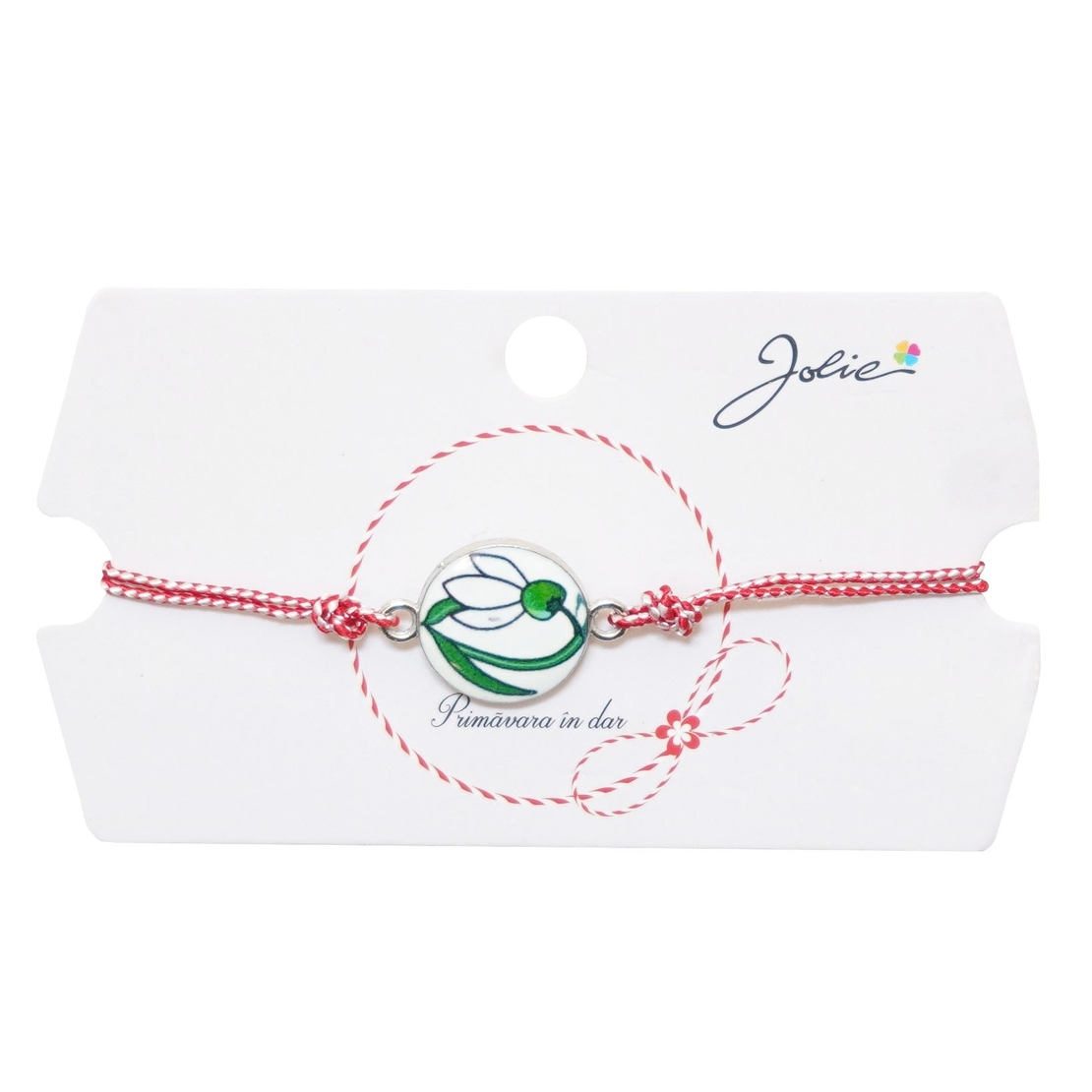 Martisor tip Bratara Traditionala cu Pandantiv, Jolie, Model Ghiocel, Snur Impletit Alb/Rosu, Dimensiune Pandativ Aprox 2 cm, Ambalaj cu Design