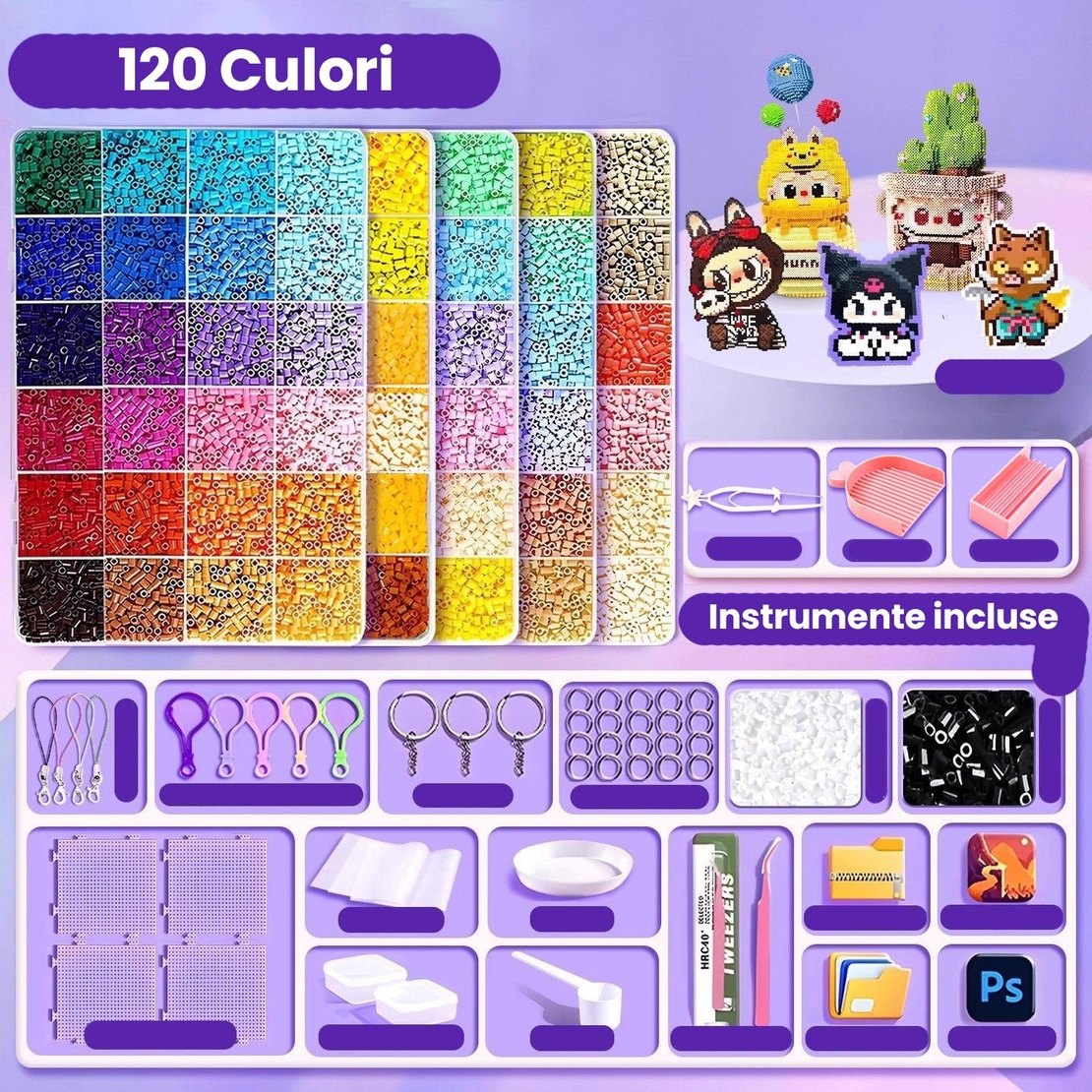 Kit de Margele Perle, Flippy, Set DIY 3D din 120 de Culori, 10000 de piese, Instrumente pentru Margele Incluse, 2.6 mm in cutie, Multicolor