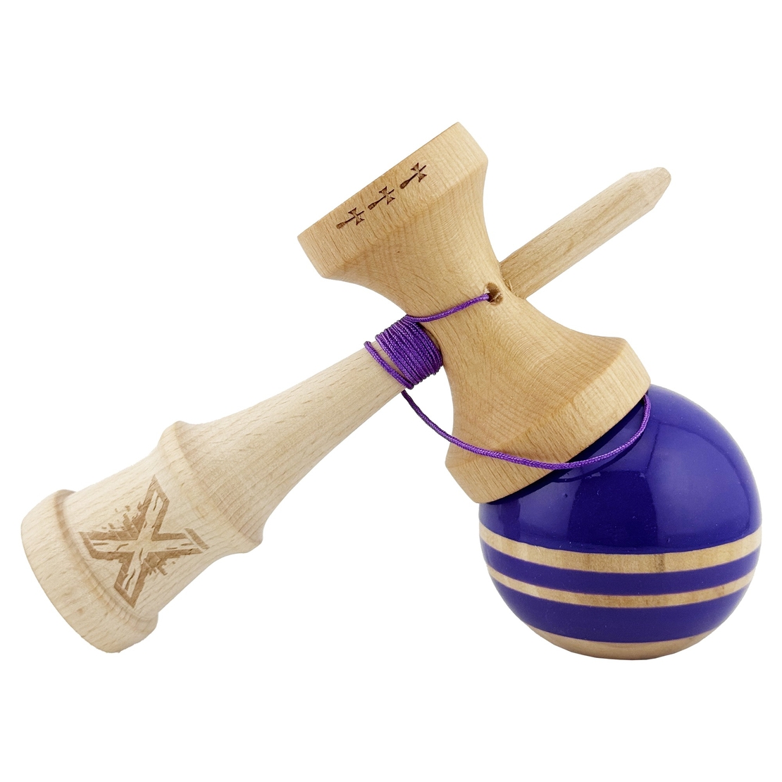 Kendama X Rainbow Originala, Profesionala, Flippy, Big Cups V2, Super Sticky cu Cupe Mari, Rulment Metalic, din lemn 18 cm, Ata 55 cm, Violet/Maro