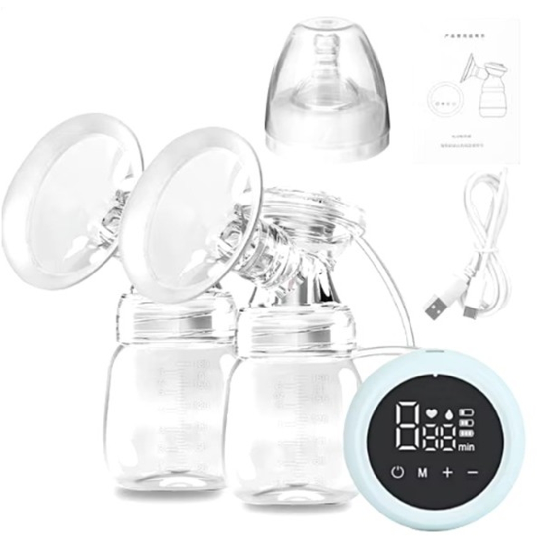 Pompa de San Electrica 2 in 1, Flippy, cu 2 Biberoane, Capacitate 180 ml, Incarcare USB Tip C, 1200 mAh, 2 Moduri, 9 Viteze, Albastru Transparent