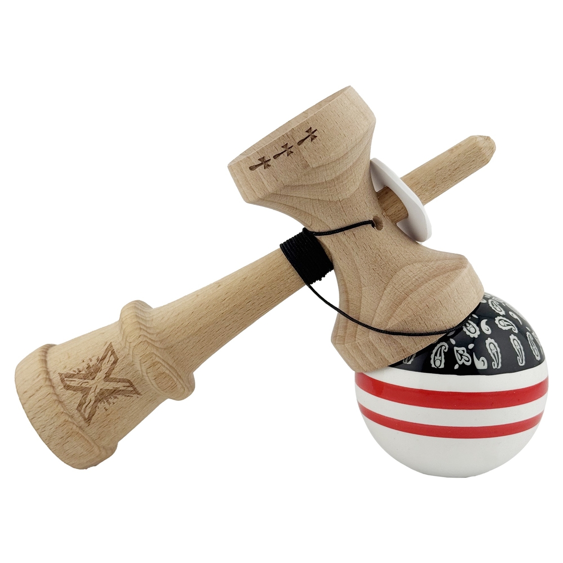 Kendama X Originala CHICANOS, Profesionala, Flippy, Cupe Mari KING SIZE V3, Super Sticky, Gaura in Baza, Rulment Metalic, din lemn 18 cm, Ata 62/65 cm, Negru/Alb