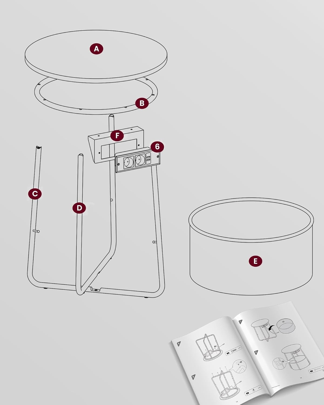 VASAGLE Masuta de cafea rotunda cu cos de stofa, statie de incarcare 2 prize si 2 USB, 45x50cm, gri argintiu