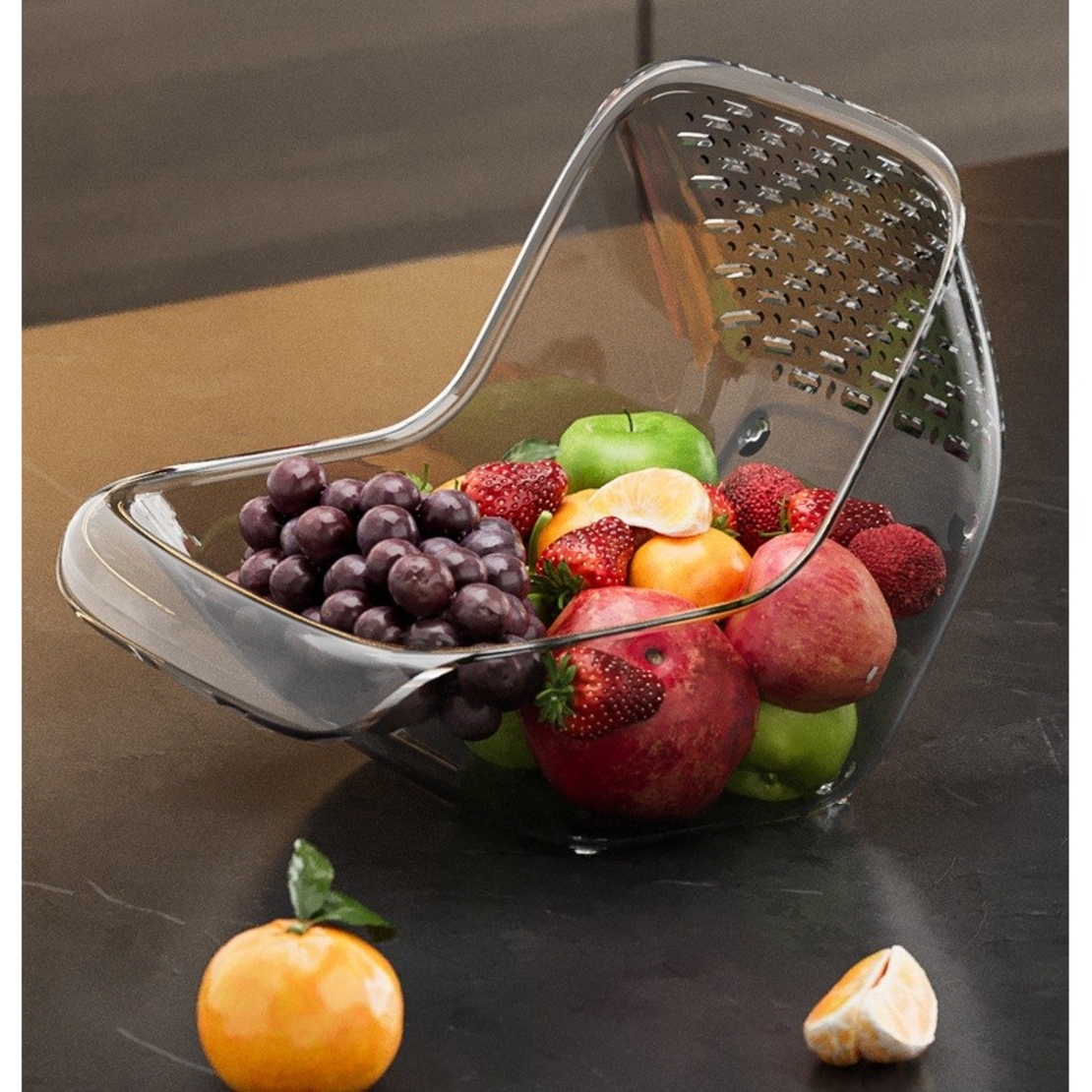 Cos de Spalat Legume/Fructe, Vafy, cu Scurgere Apa, din PET, 15.5 x 18.6 x 16.2 cm, Gri