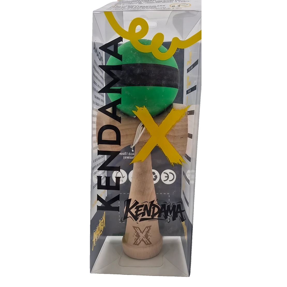 Kendama X Originala, Profesionala, Flippy, 18 cm, din Lemn, Rubber Grip, Negru/Verde
