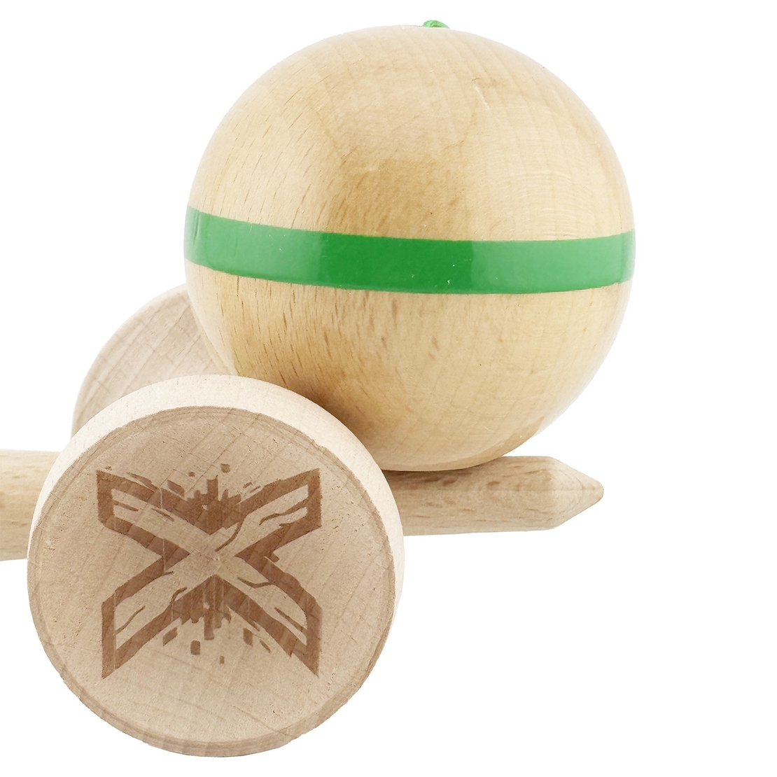 Kendama X Originala, Profesionala, Flippy, Super Sticky, Cupe Mari KING SIZE V3, Gaura in Baza, Rulment Metalic, din lemn 18 cm, Ata 62/65 cm, Original Verde