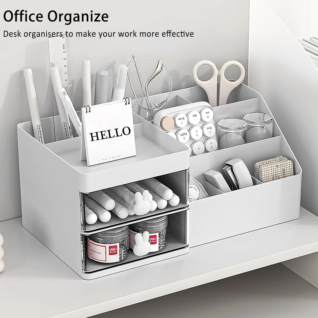 Cutie de Depozitare pentru Birou, Flippy, Pentru Makeup, Papetarie, Organizator Cosmetice, 2 Sertare si Compartimente Multiple, Model Iepuras, Plastic, 27.5x15.5x12 cm, Alb