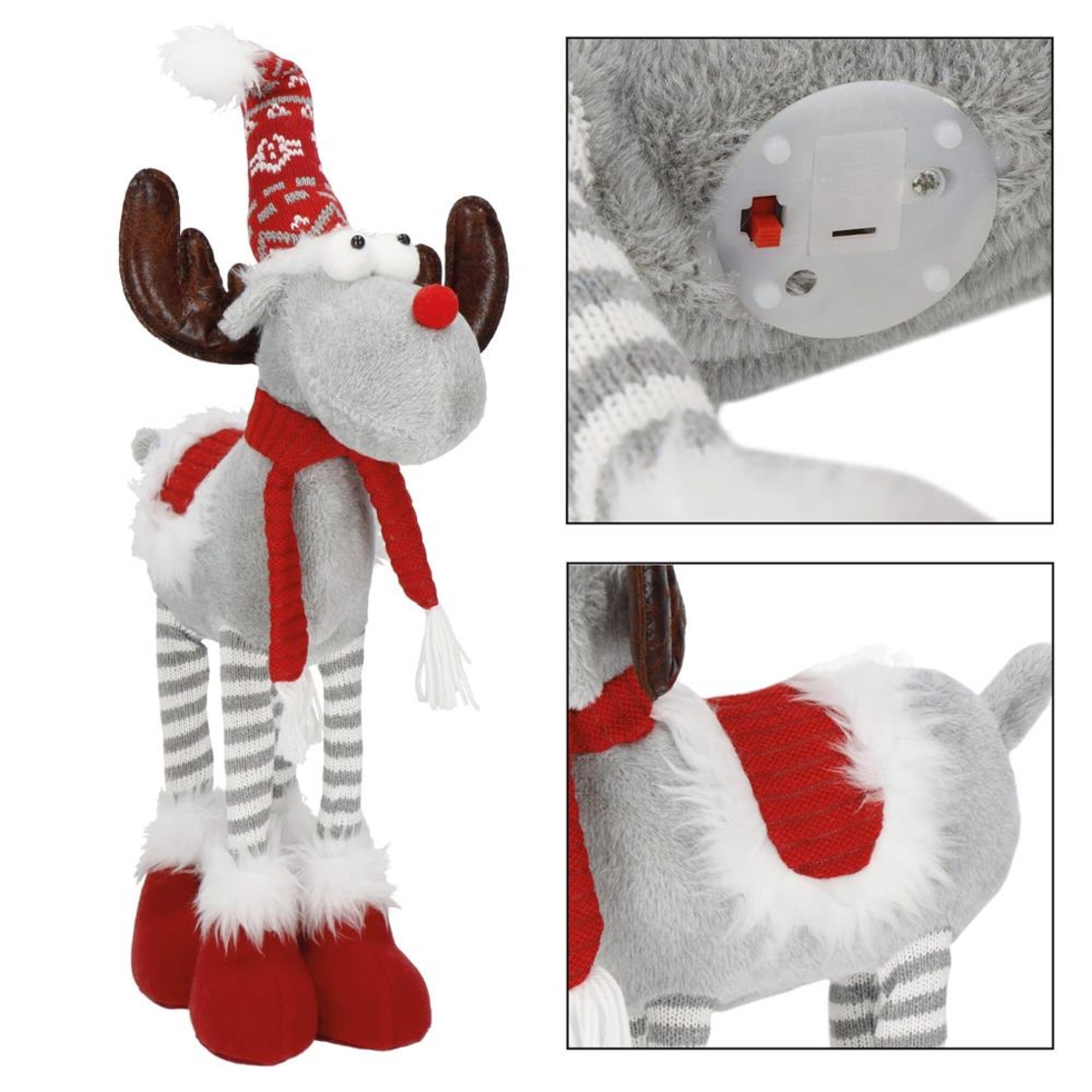 Figurina Craciun, Ren, picioare telescopice, iluminare LED, 61cm