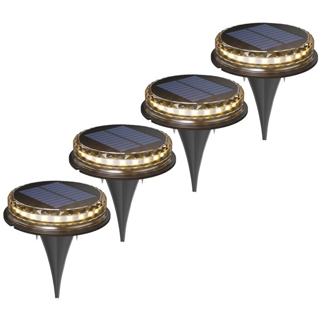 Lampa solara LED Set 4 Bucati, Flippy, Tip Spot pentru Gradina, 8 LED-uri, ABS si Policarbonat, Baterie 1.2V, 600mah, 12 x 13.5 cm, Lumina Alba Cald, Negru/Auriu