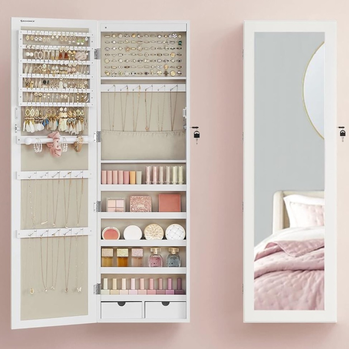 SONGMICS Dulap pentru bijuterii cu oglinda, montare pe perete sau usa, material MDF, inchidere cu cheie, 120x37x10 cm, alb
