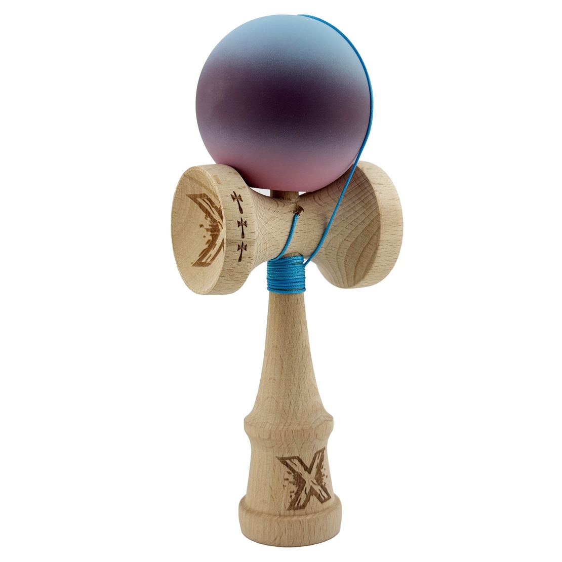 Kendama X Originala, Profesionala, Flippy, Big Cups V2, Rubber Grip cu Cupe Mari, Rulment Metalic cu Ata 55 cm, Gradient Albastru/Mov/Roz