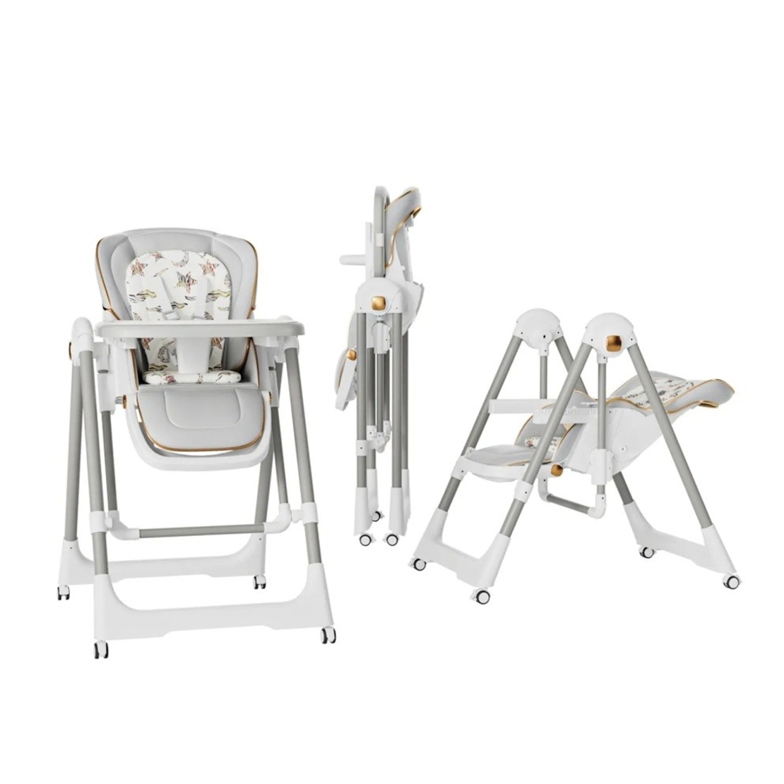 Scaun de Masa 2in1, Flippy, pentru Copii 6 luni - 4 Ani, Pliabil, cu Roti, Balansoar, Leagan, Reglabil, Tava de Masa Dubla, Centura in 5 Puncte, 96 x 56 x 76 cm, Gri