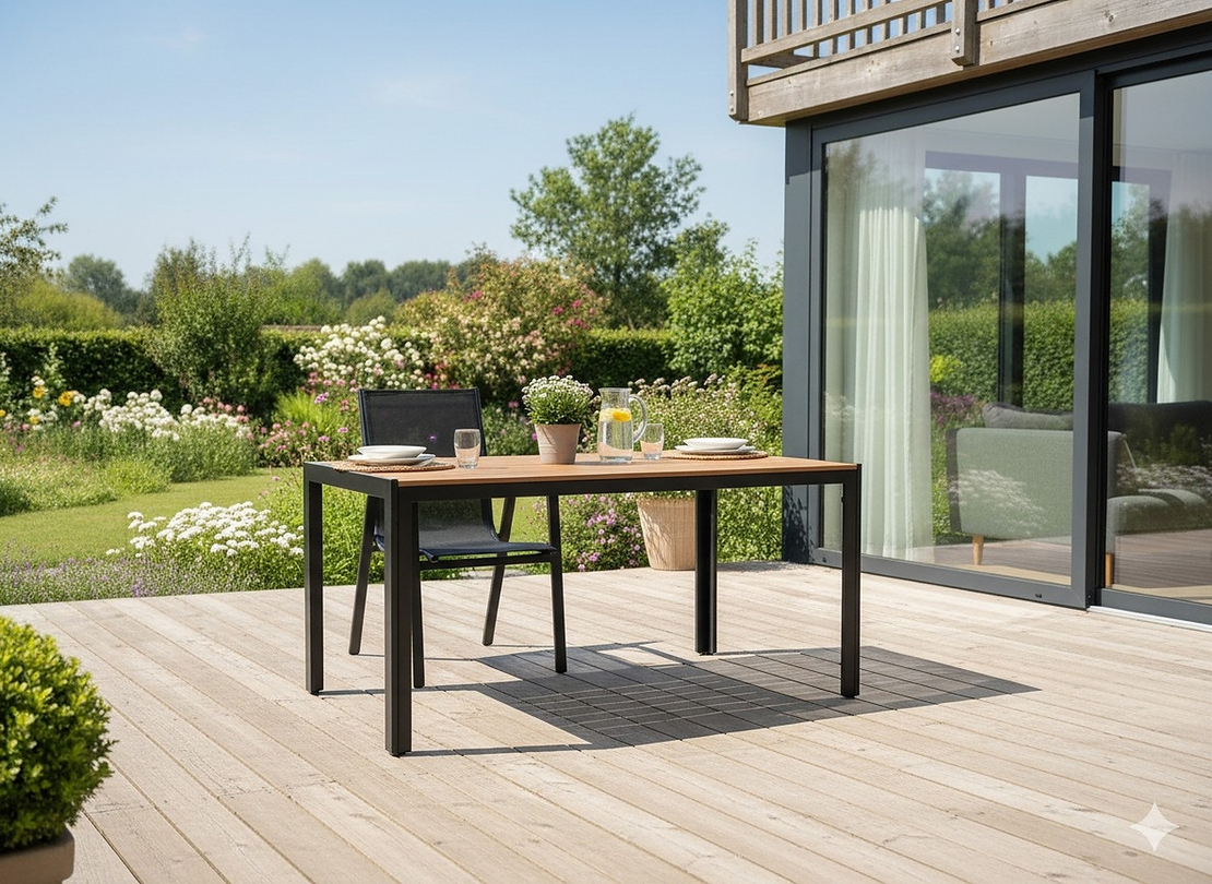 Masa de gradina, cadru otel, blat polywood cu aspect lemn, 150x90x73 cm, negru si maro natur