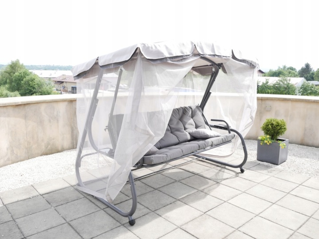 Balansoar leagan pat, 3 persoane, cu plasa tantari si perne, 350 kg, 220x130x175 cm, gri