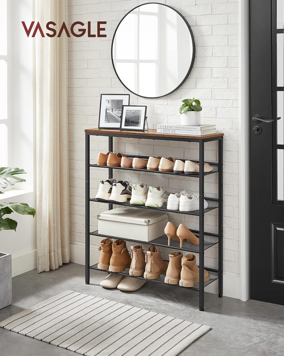 VASAGLE Raft de pantofi, 5 niveluri, rafturi reglabile din plasa, metal, stil industrial, 75x28x93cm, maro vintage negru