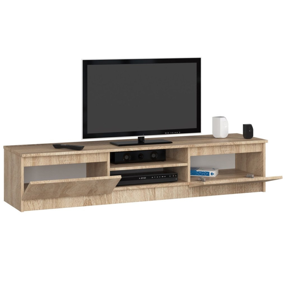 Comoda TV cu 2 usi si rafturi centrale, PAL laminat, 160x40x33 cm, stejar sonoma