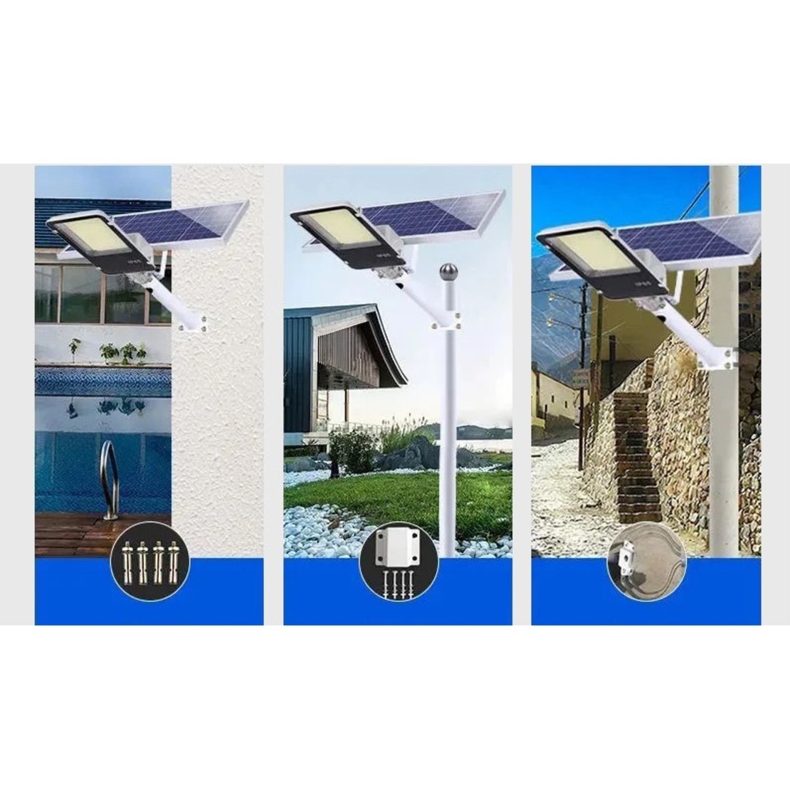 Proiector LED pentru stalp, casa, perete cu suport metalic inclus, Flippy, 38,5 cm x 14,2 cm, Rezistent la Apa IP65, cu Panou Solar, 240 COB LED, 50 W, Senzor de lumina, Timer, cu Telecomanda, intensitate reglabila, kit montaj inclus, Lumina Rece