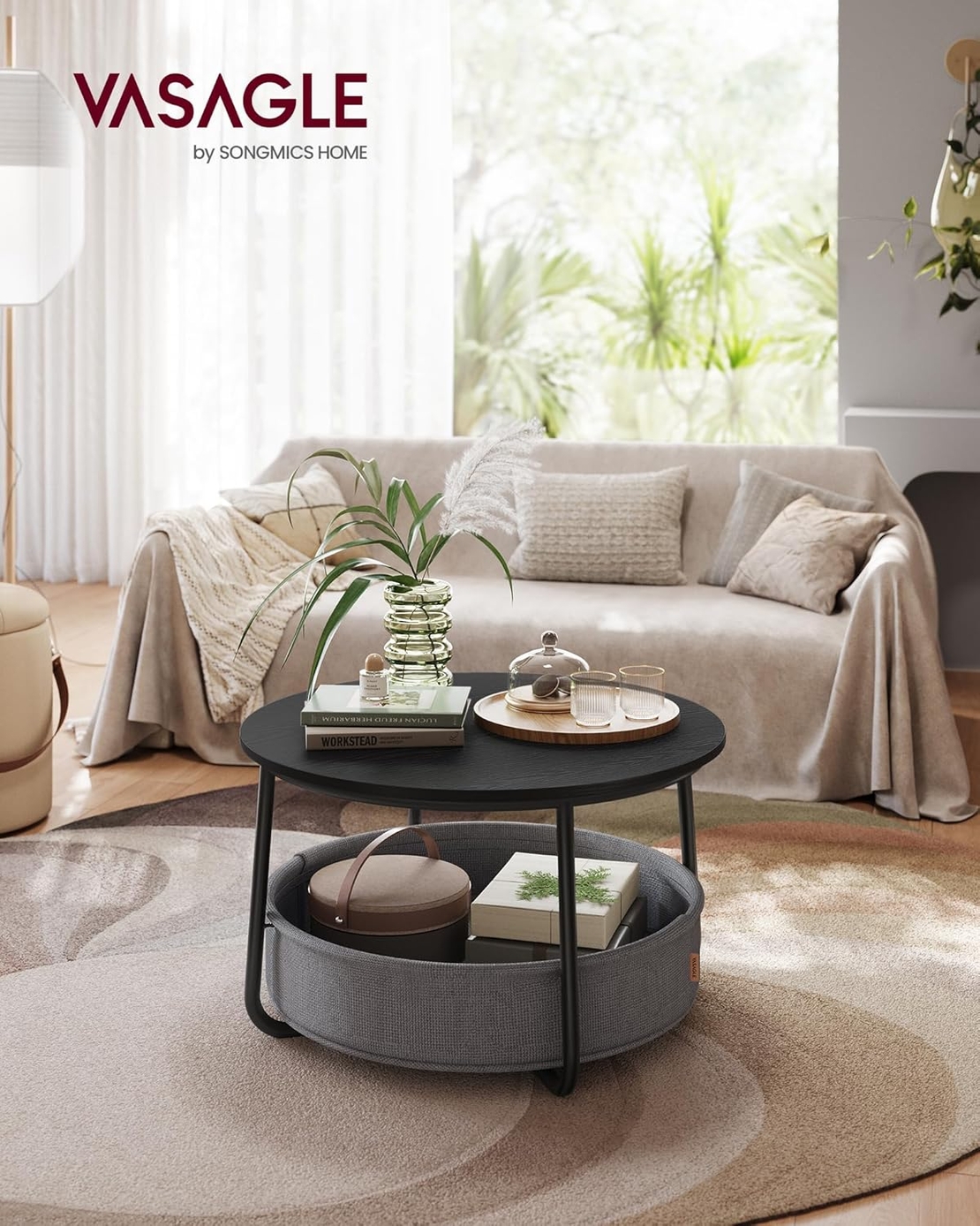 VASAGLE Masuta de cafea rotunda cu cos de stofa, stil modern, 45x75cm, negru cu gri