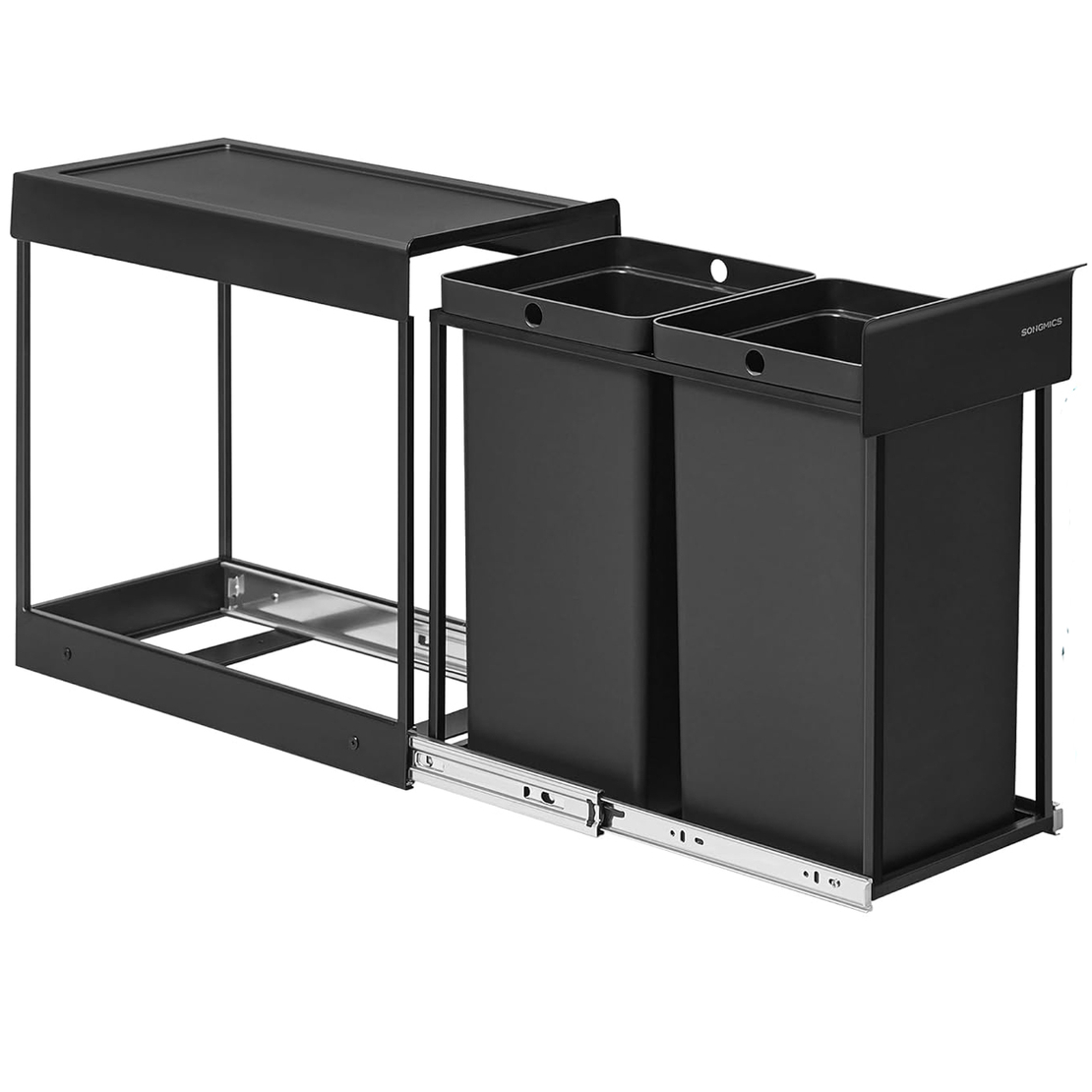 SONGMICS Cos de gunoi incorporabil in mobila, cu 2 compartimente 2x15L, cadru metalic extensibil, 48x25x44 cm, negru
