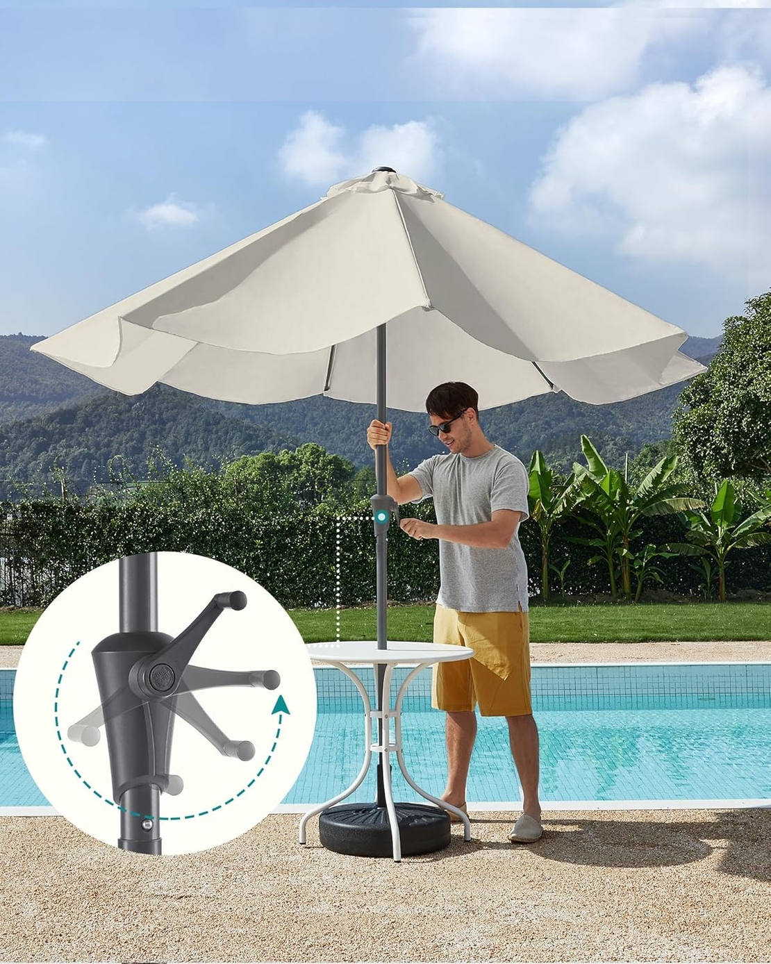 SONGMICS Umbrela de gradina cu manivela, 330 cm, UPF 50+, inclinare 30°, structura metalica cu 8 spite, bej