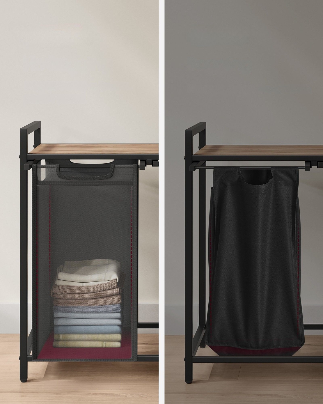 VASAGLE Cos de rufe, 2 compartimente, saci de rufe detasabili, raft, cadru metalic, 2x46L, 73x33x72 cm, maro si negru
