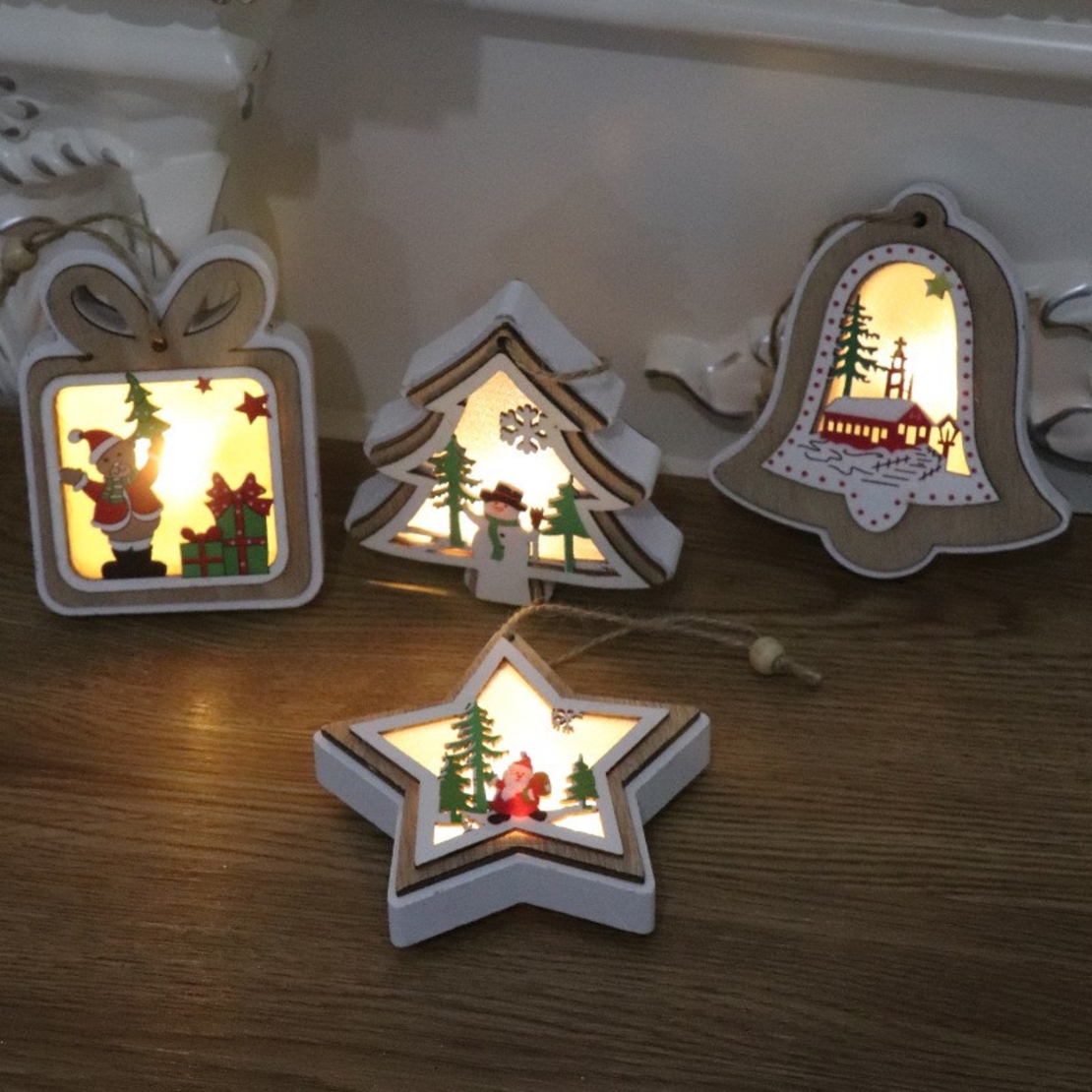 Ornament de Brad, Flippy, cu Lumini LED, din Lemn, Model Brad, Multicolor