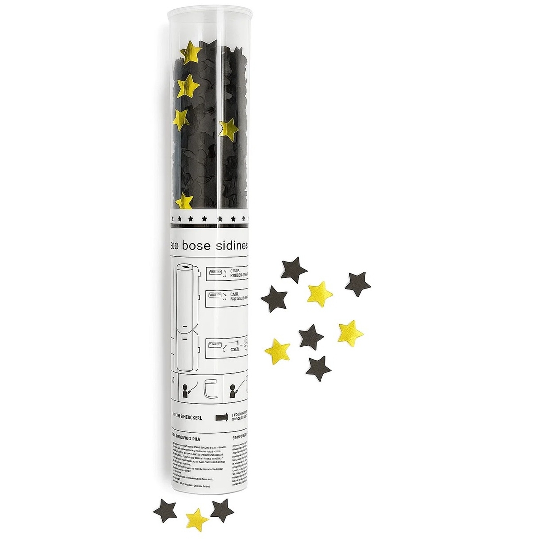 Tun de Confetti, Flippy, 40 cm, Model Stelute din Folie si Hartie, Ambalaj PET, Negru