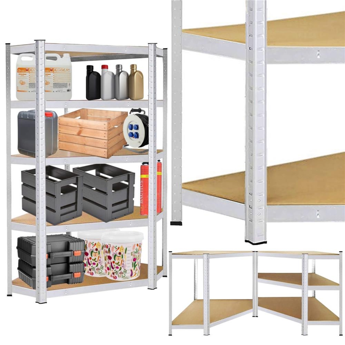 Raft de colt cu cadru metalic modular pentru depozitare, 5 polite, 180x90x40cm, sarcina 875kg