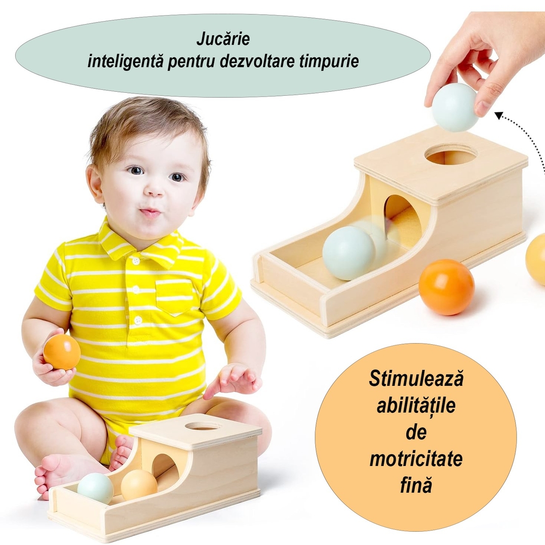 Jucarie Educativa Montessori din Lemn, Flippy, Model Pista cu Bile si Tunel, 4 piese, Joc pentru Motricitate si Coordonare, Copii 12+ luni, 24 x 12 x 8.5 cm, Multicolor