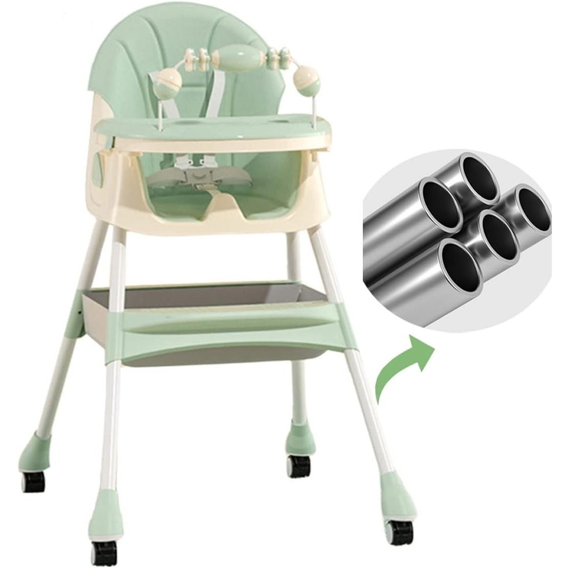 Scaun de Masa 2in1, Flippy, pentru Copii de la 6 luni - 5 Ani, Inaltime Reglabila, Centura in 5 Puncte, Tava de Masa, Roti cu Frana, Cos Depozitare, Jucarie Inclusa, 94 x 78 x 60 cm, Verde