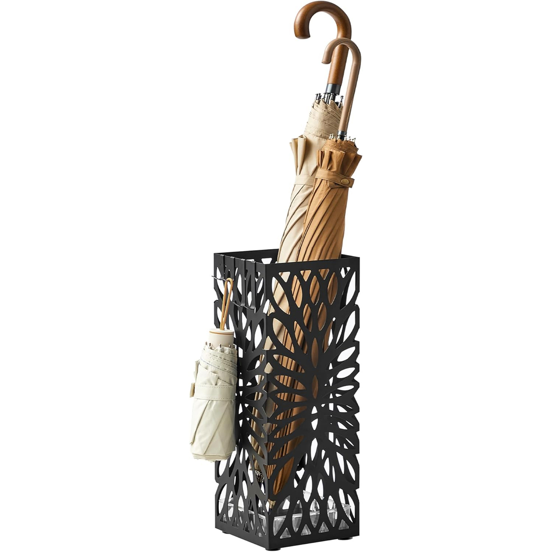 SONGMICS Suport pentru umbrele, metalic, cu recipient apa si carlige, 16x16x41 cm, negru