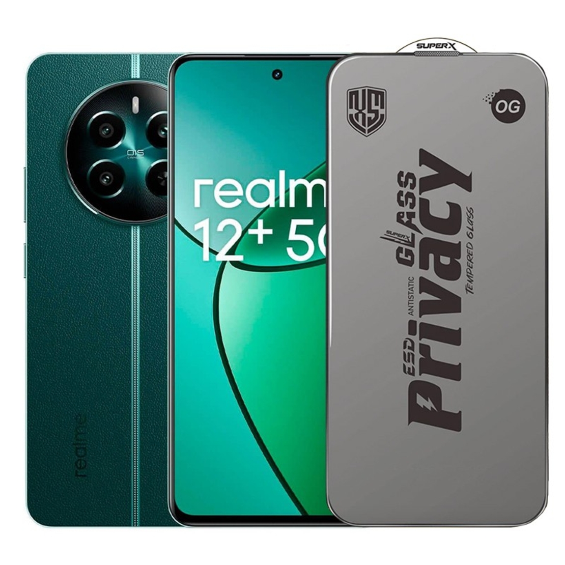 Folie de Protectie pentru Realme 12+, Vafy, Sticla Securizata ESD Antistatica, Super-X Privacy OG, Margini Negre, 0.30 mm, Transparent Inchis