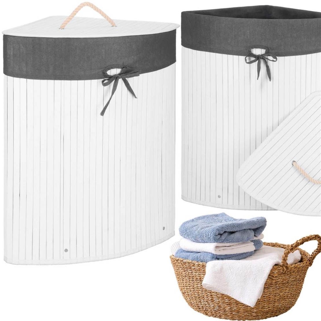 Cos de rufe triunghiular pentru colt cu capac, bambus si sac textil detasabil, 60 litri, 55x35x60 cm, alb si gri