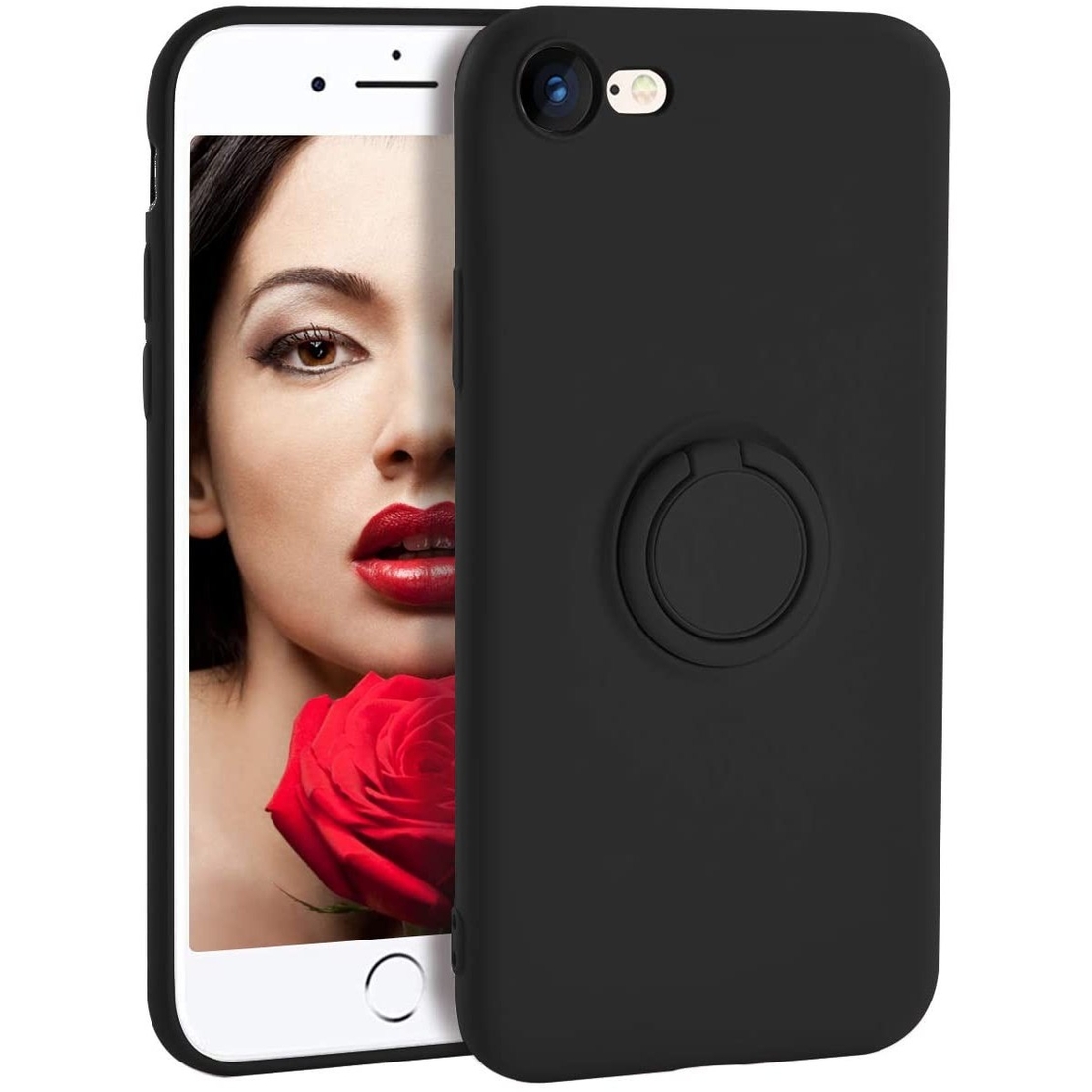 Husa protectie Vafy compatibila cu Apple iPhone 7/8/SE 2020 Liquid Silicone Ring cu suport rotativ Negru