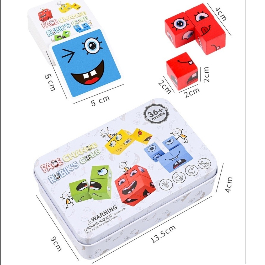 Jucarie Pentru Copii Montessori Flippy, Cub din Lemn, Asamblare Fete, 64 de Carti Distractive, pentru Baieti si Fete, Varsta +3 ani, Educativ, Cutie