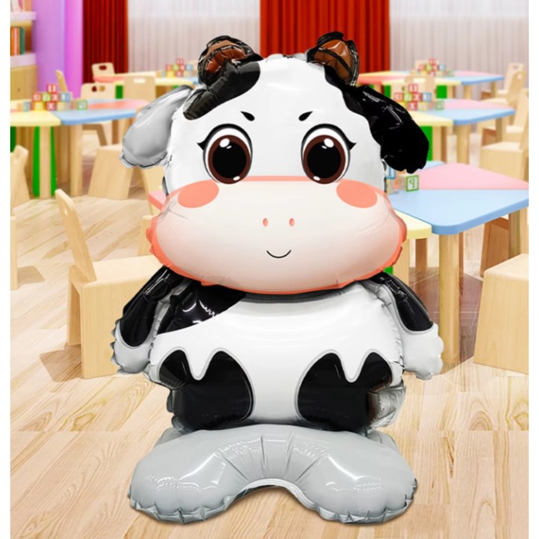 Balon din Folie Metalizata, Vafy, Mini Figurine Animalute, Model Vacuta, Tematica Aniversare, 38x58 cm, Ambalaj Individual, Pai Inclus, Umflare cu Aer sau Heliu, Multicolor