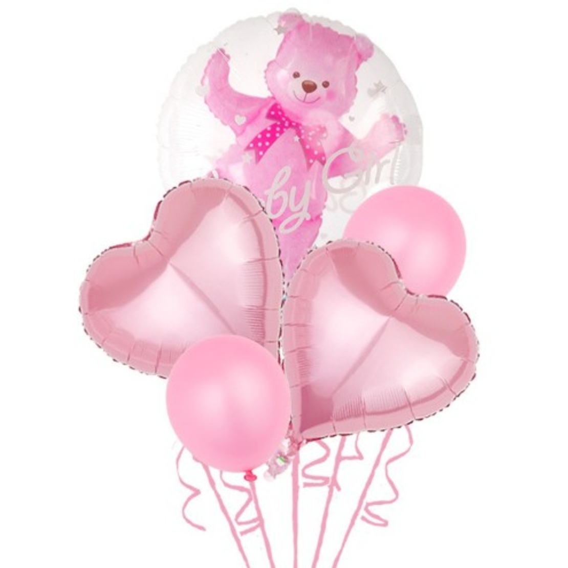 Set Baloane Aniversare, Vafy, set din 5 bucati, 1 bucata urs, 2 inimi folie, 2 simple din latex Baby Girl, 60 cm Roz