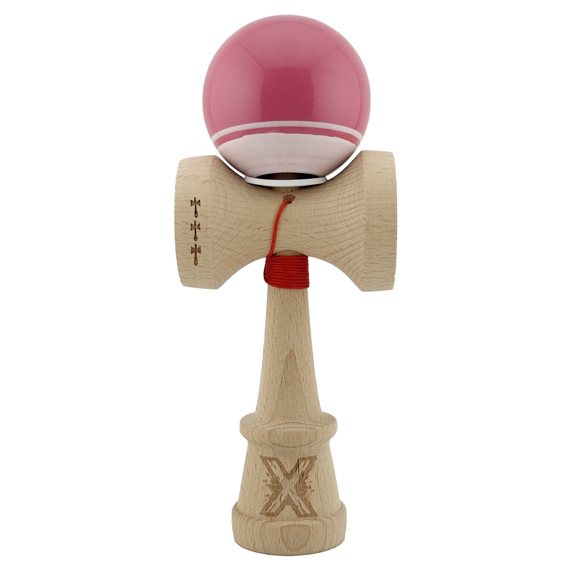 Kendama X Originala, Profesionala, Flippy, Super Sticky cu Cupe Mari KING SIZE V3, Gaura in Baza, Rulment Metalic, din lemn 18 cm, Ata 62/65 cm, Special Roz/Alb