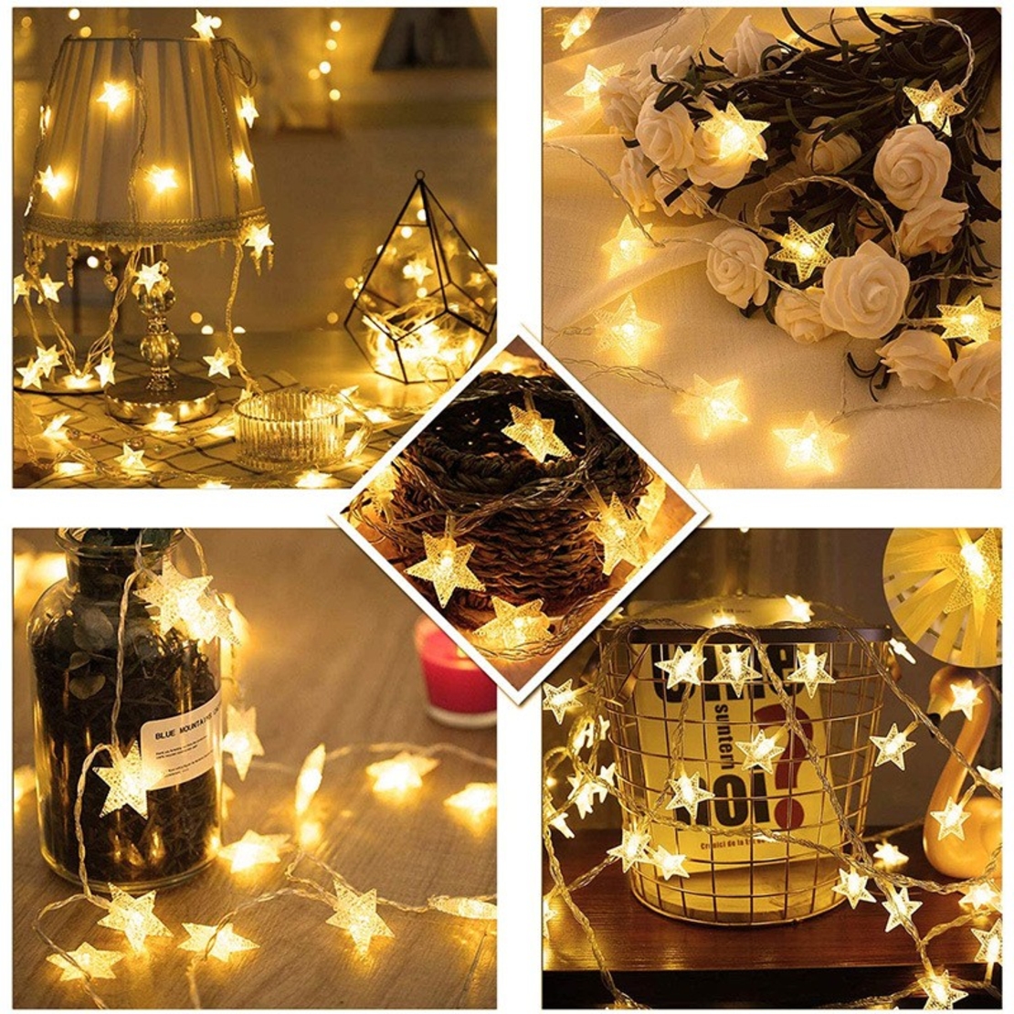 Instalatie Craciun, 6 metri, 40 LED-uri cu Ornament tip Stea, Alb Cald, telecomanda 8 functii, USB, fir cupru, liniar, interior/exterior, Vafy