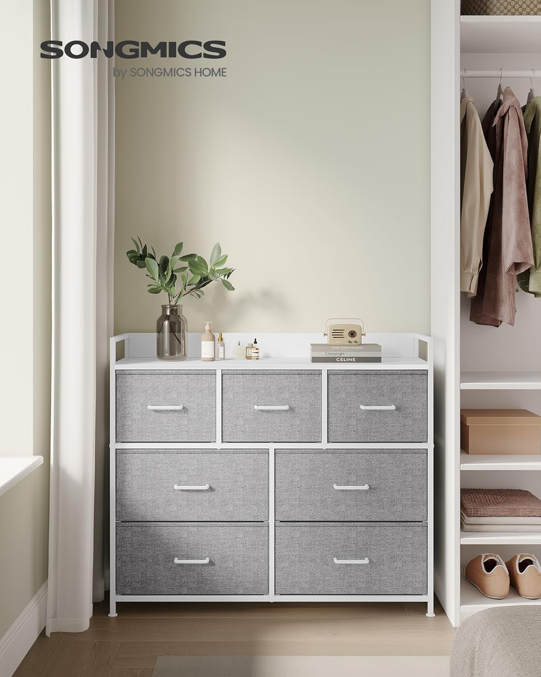 SONGMICS Comoda cu cadru metalic si 7 sertare din stofa, 29x98x85 cm , gri si alb