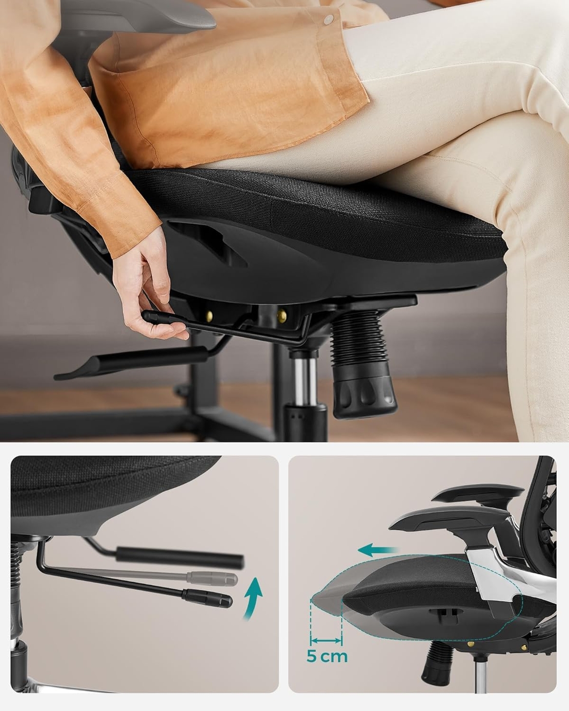 SONGMICS Scaun de birou ergonomic reglabil cu tetiera si suport lombar, inclinare 135°, maxim 150 kg, 70x70x125 cm, negru