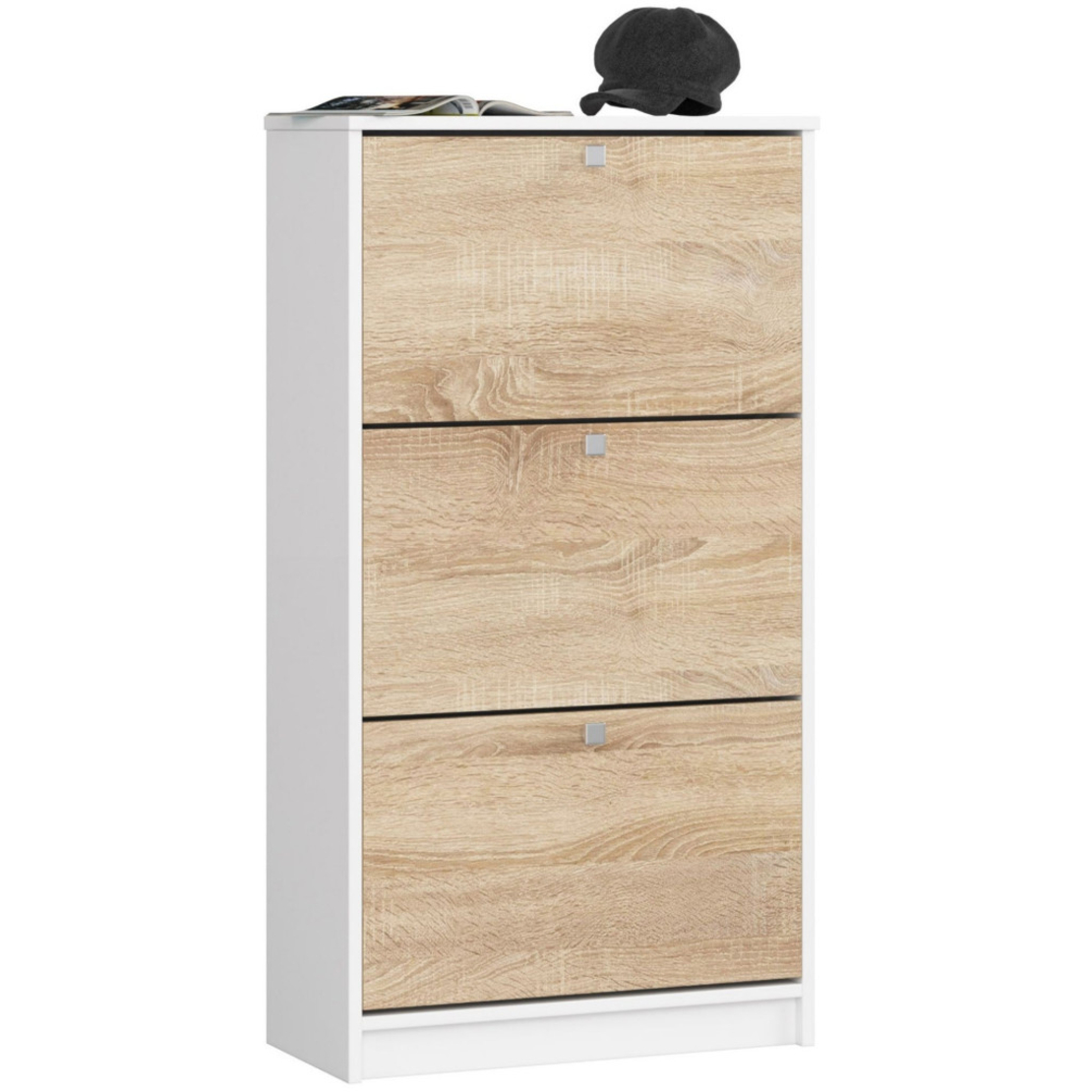 Dulap pantofi cu 3 usi rabatabile, PAL laminat 16 mm, 60x29x113 cm, alb si stejar sonoma