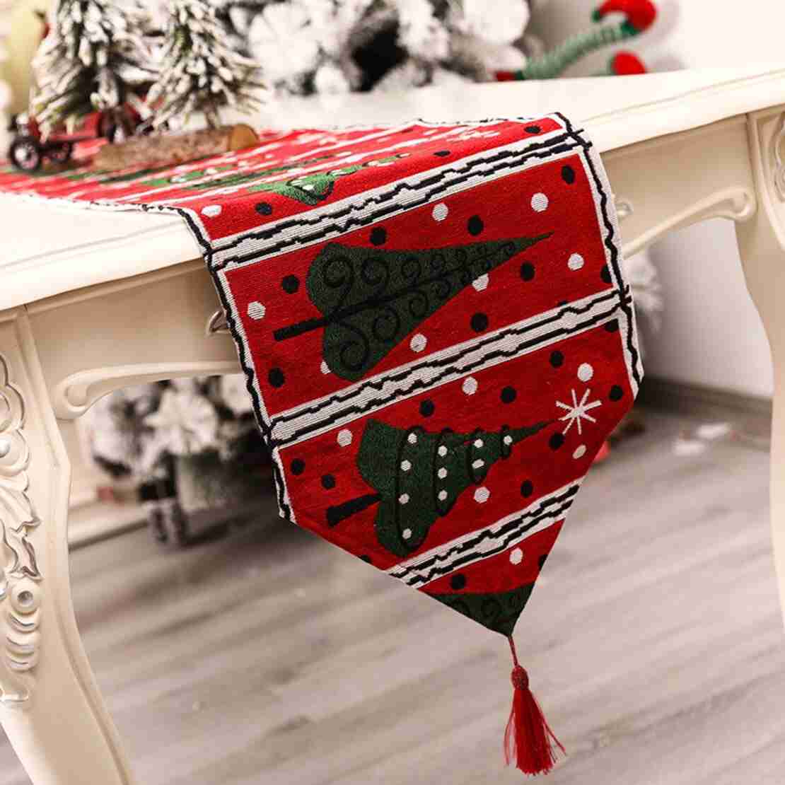 Napron Decorativ pentru Masa, Flippy, Model Brazi de Craciun, Tematica Craciun, 35 x 180 cm, Rosu/Verde