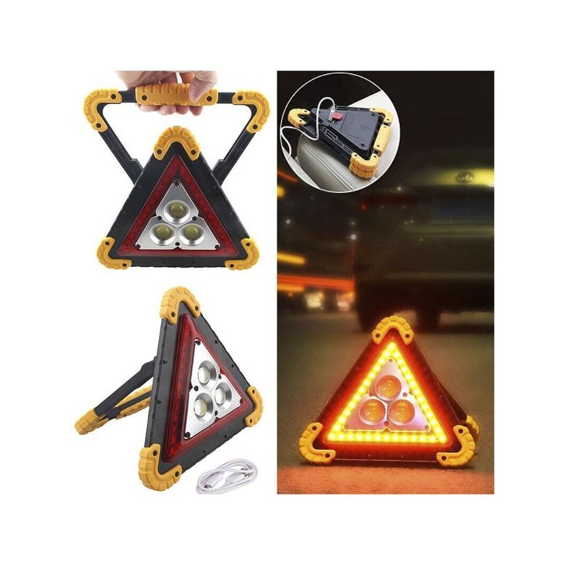 Triunghi Multifunctional de Avertizare, Vafy, Lanterna LED, Impermeabil IP65, 800 lm, 2 x AA, Functie Incarcare Telefon, USB si Micro USB, COB, Portocaliu