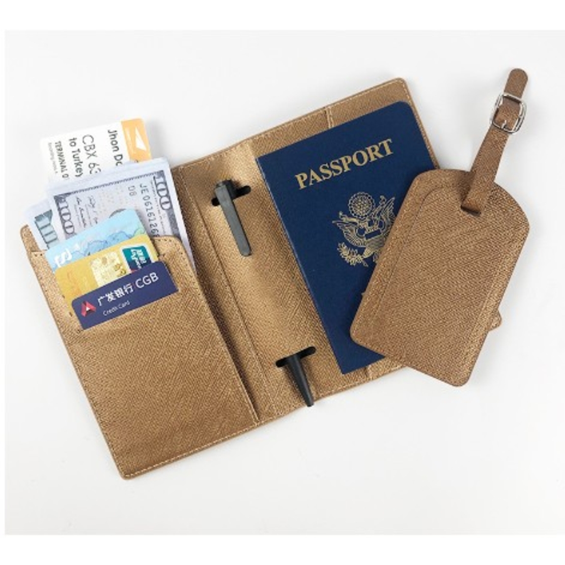 Portofel pentru Pasaport si Carduri, Vafy, 23x16 cm, 70g, din Piele PU, Suport Pix, Accesoriu Suport Eticheta, Unisex, Multifunctional, Maro