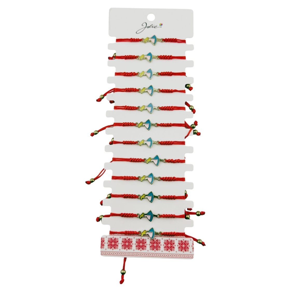Martisor Bratara pentru Dama si Copii, Jolie, Model Fetita cu Pasare, Set 12 bucati, Pandantiv Emailat, Snur Reglabil, Rosu/Multicolor