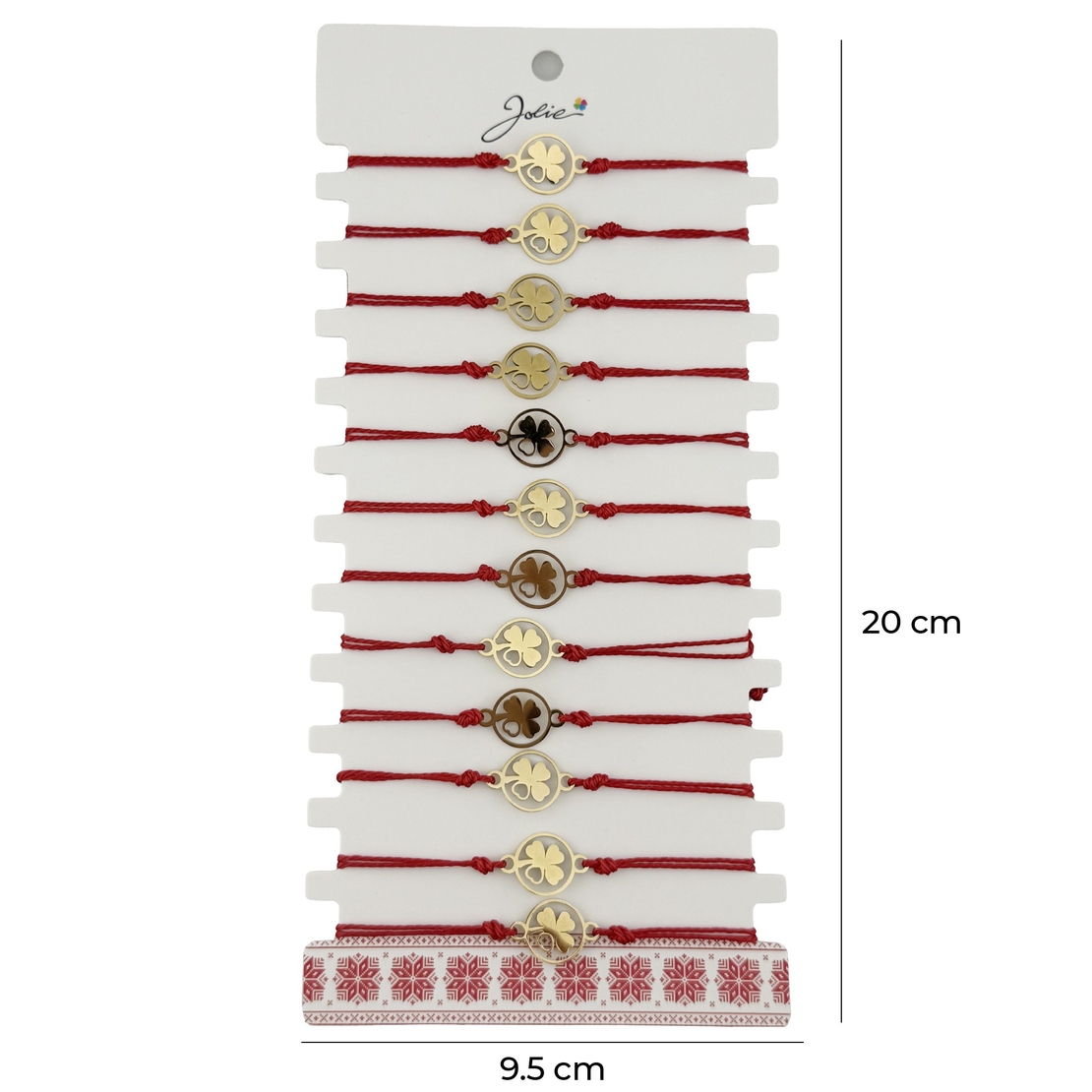 Bratara Martisor pentru Dama, Jolie, Model Trifoi cu Inima pe Petala, Set 12 bucati, Pandativ Auriu din Inox cu Snur Rosu Ajustabil