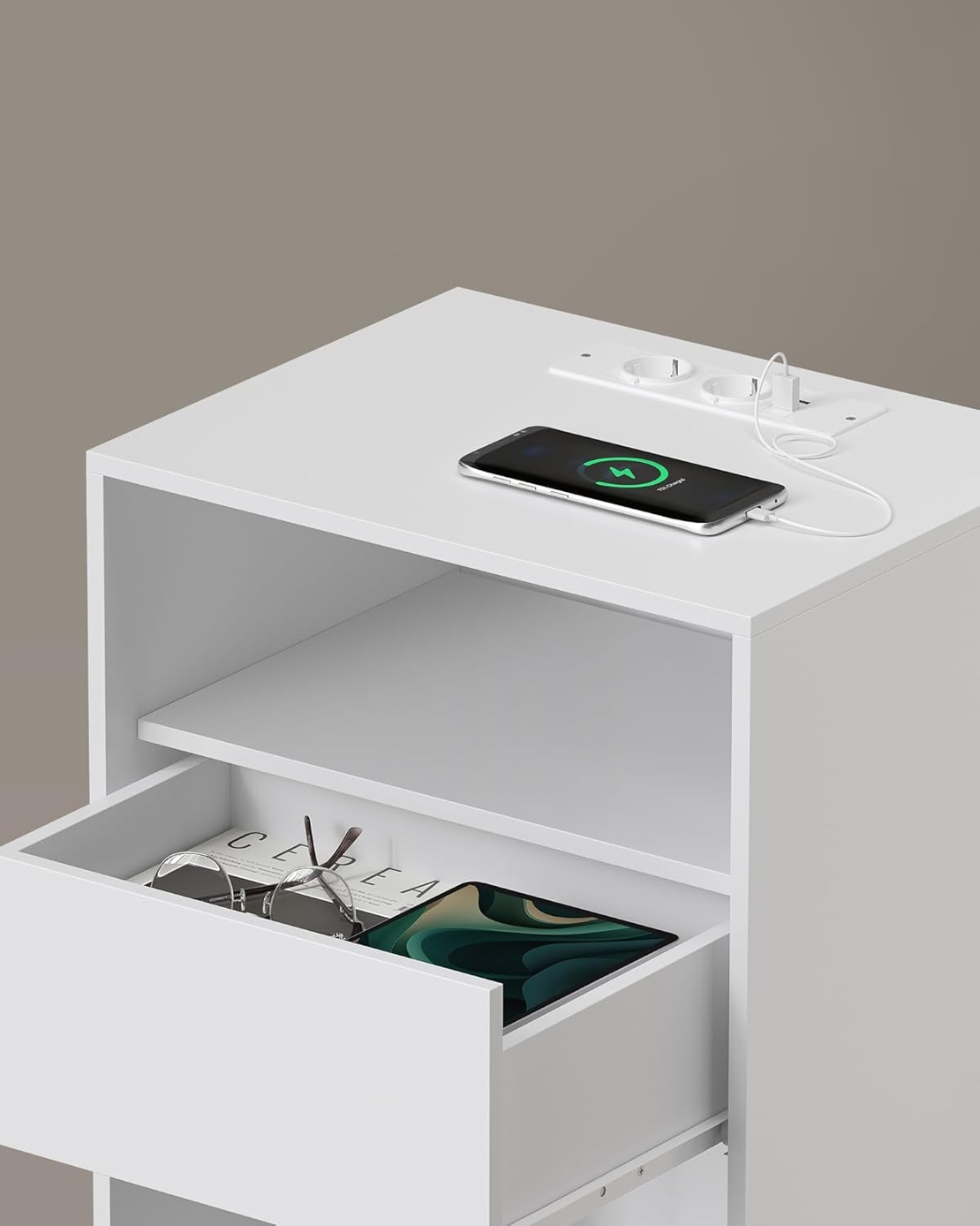 VASAGLE Noptiera cu sertar si statie de incarcare, 2 prize, 2 porturi USB, 45x35x58 cm, alb
