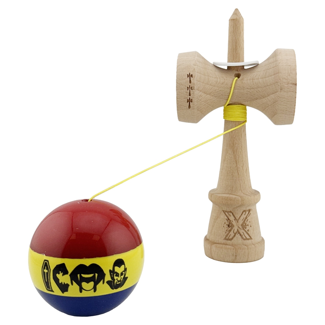 Kendama X Originala, Profesionala, Flippy, Tricolor Edition Vampir Dracula, Super Sticky cu Cupe Mari KING SIZE V3, Rulment Metalic si Gaura in Baza, din Lemn 18 cm, Ata 62/65 cm, Multicolor
