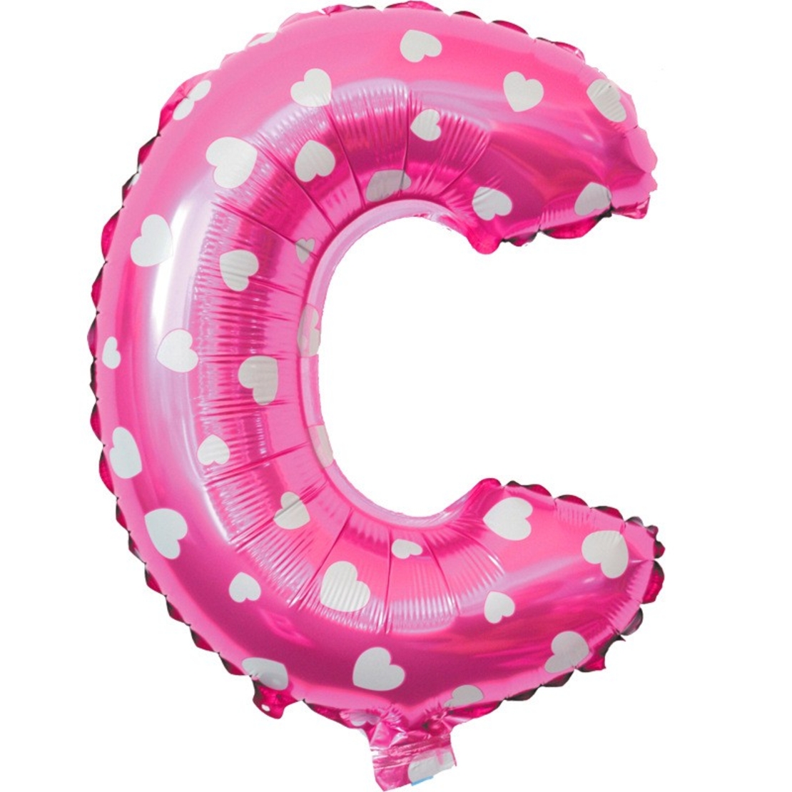 Balon Folie Metalizata Litera C, Flippy, 40 cm, Cu Imprimeu Inimioare, Umflati cu Heliu sau Aer, Ambalaj Individual, Pai inclus, Roz