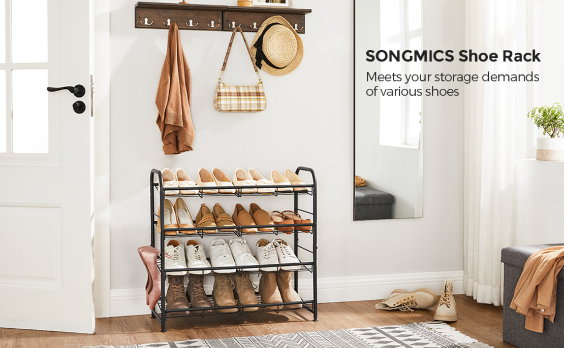 SONGMICS Pantofar cu 4 rafturi de depozitare, din metal, polite cu unghi reglabil, 28x69x65cm, negru